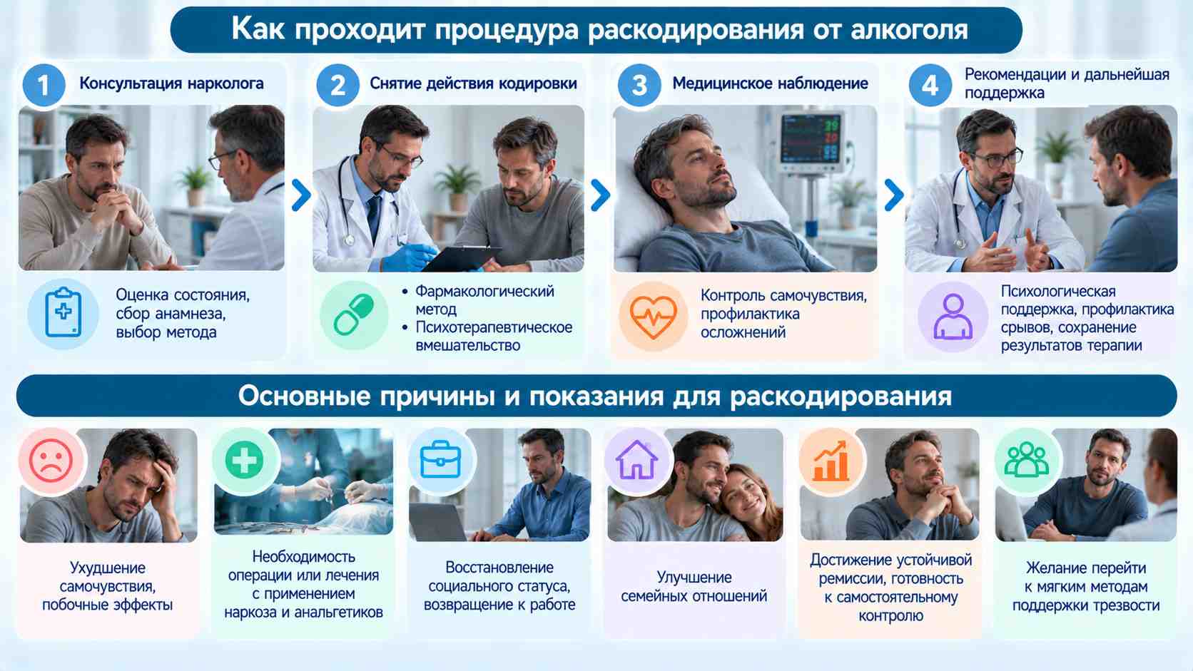 Раскодирование от алкоголя — этапы процедуры и показания Инфографика об этапах раскодирования от алкоголя: консультация нарколога, выбор способа прекращения кодирования, медицинское наблюдение и психологическая поддержка.